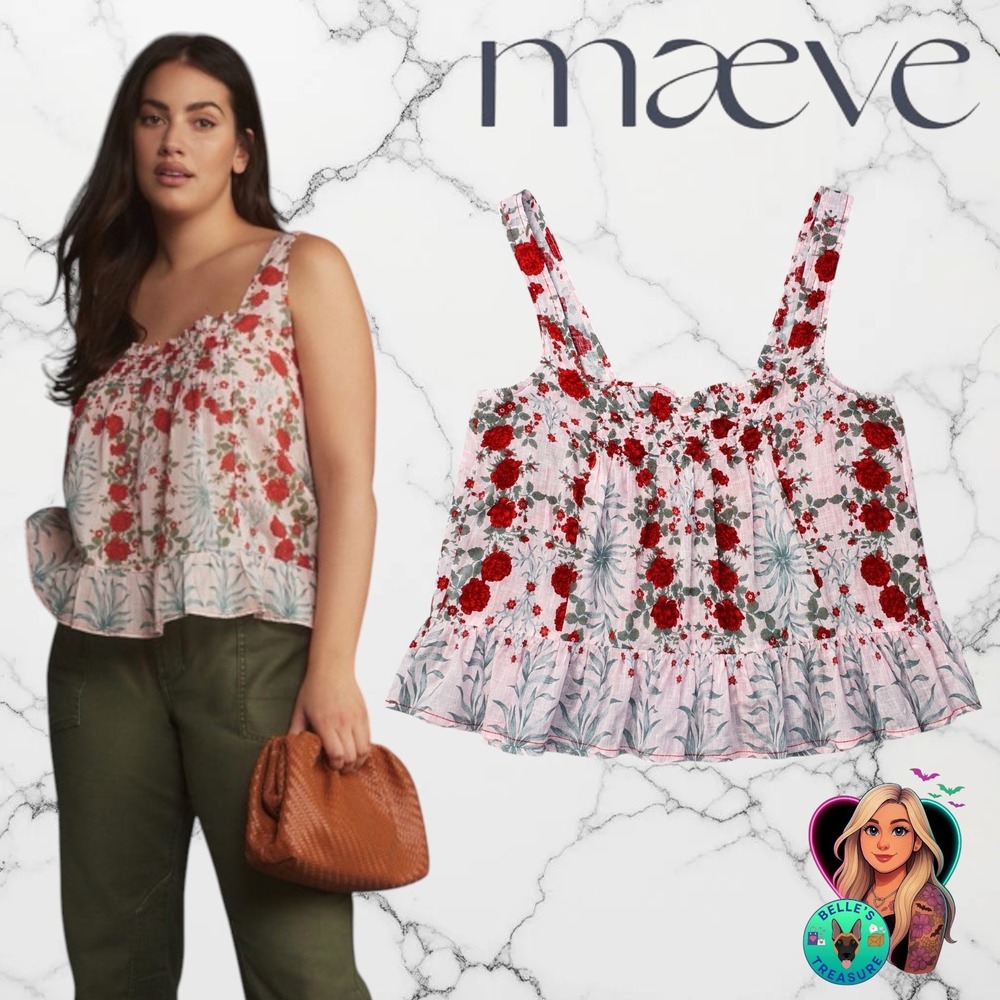 Maeve Small Mixed Print‎ Swing Top Floral Oversized Tank Pink Red Rose Shirt